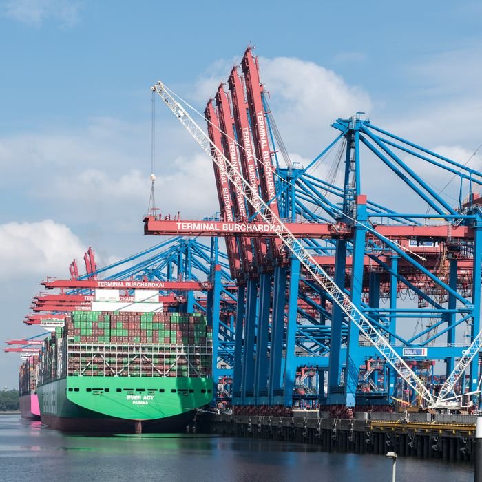 Cranes and container ships at Terminal Burchardkai in Hamburg port on a clear day.