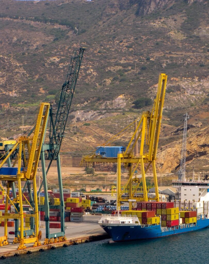 Container ship docked at Cartagena port surrounded by cranes and mountainous landscape.